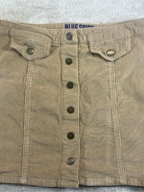 Blue Spice Tan Corduroy Button Skirt with Embroidered Waist